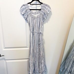 Ingrid and Isabel Maternity Off the Shoulder Blue and White Stripe Dress